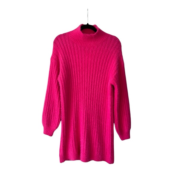 Anthropologie Fuzzy Flat White Hot Pink Mock Turtleneck Sweater Dress NWT! - Picture 1 of 4